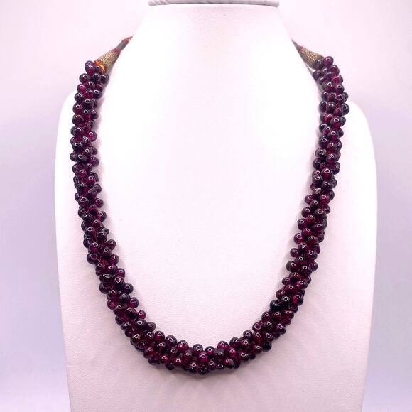 VTG Red Carved Garnet Gems Beads Woven Rope Cord 27" Bead Necklace Adjustable - Picture 3 of 6